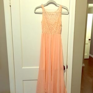Long sleeveless backless lace light pink dress